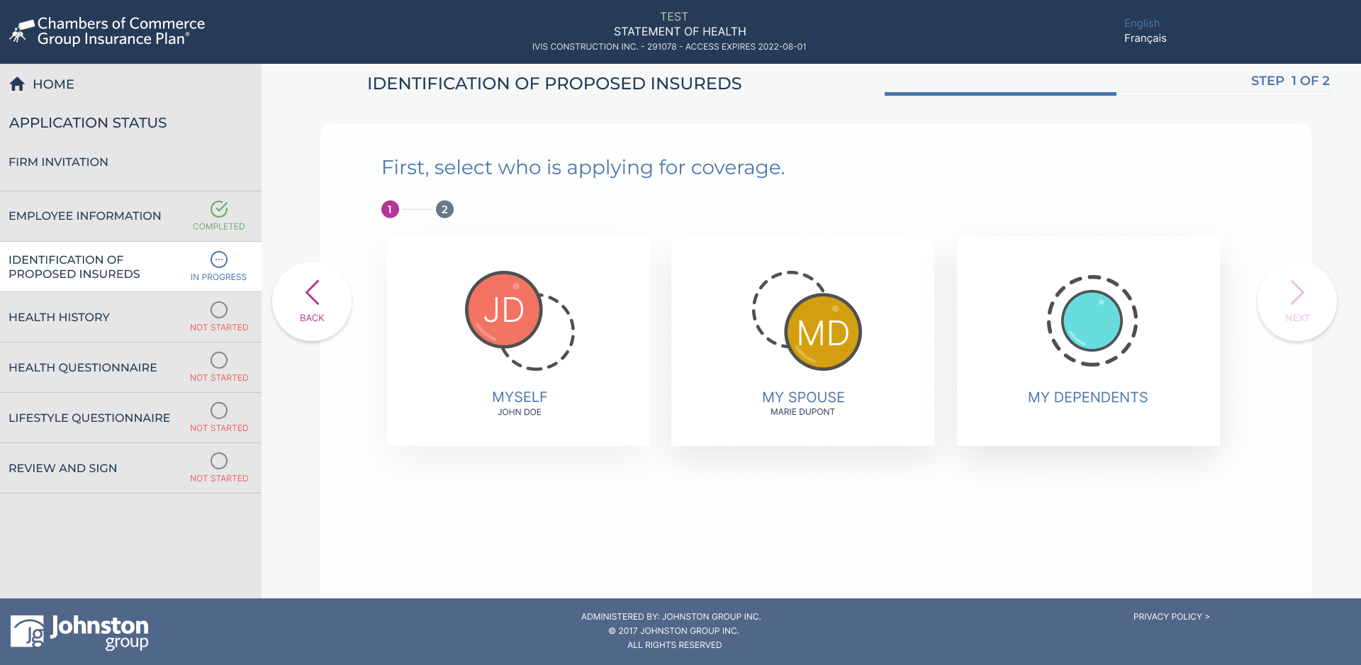 Proposed insureds page