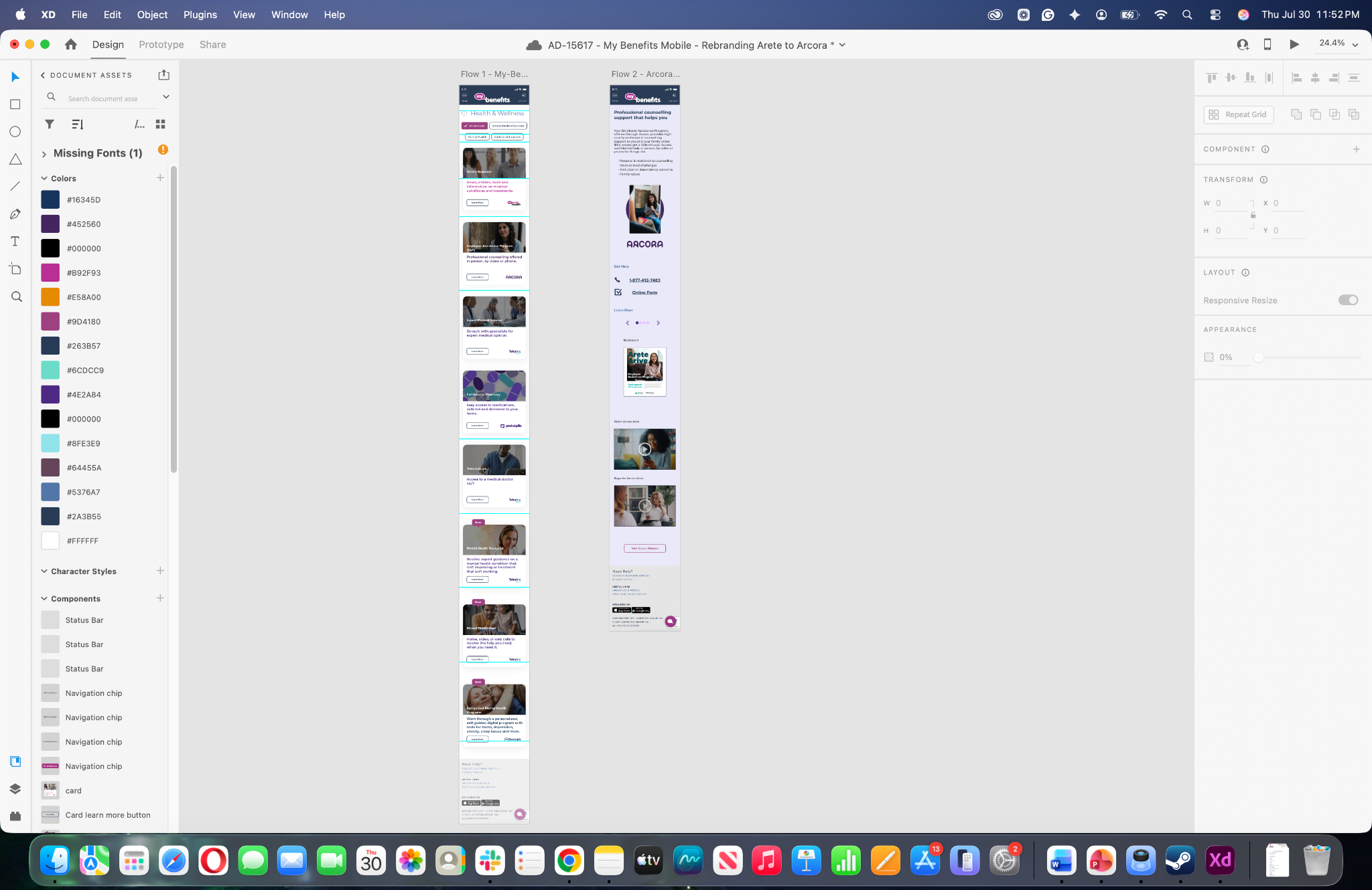 Adobe XD mobile flow for Arete to Arcora rebrand