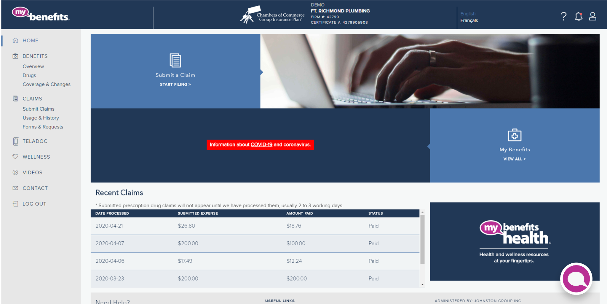 Previous My Benefits homepage with low contrast and unclear active navigation