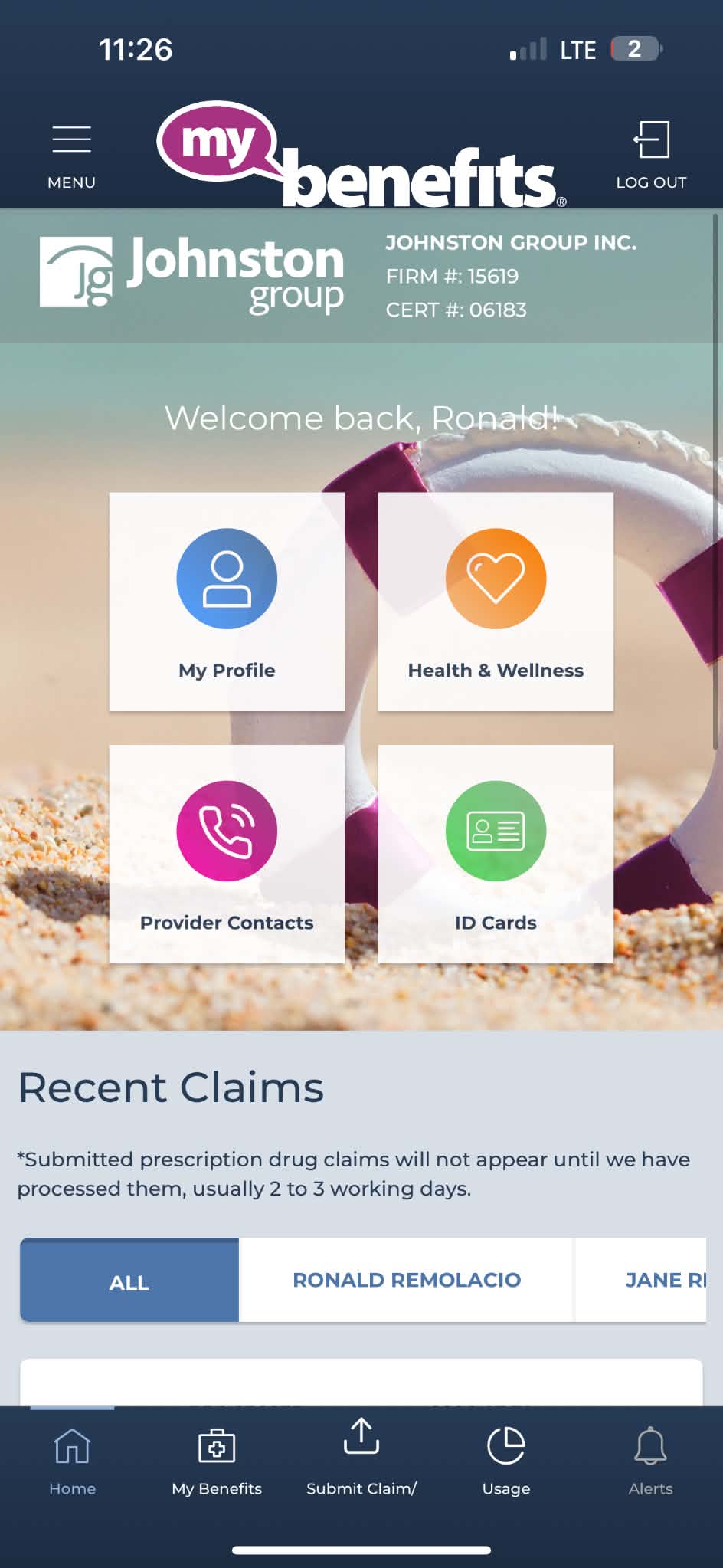 My Benefits mobile member homepage