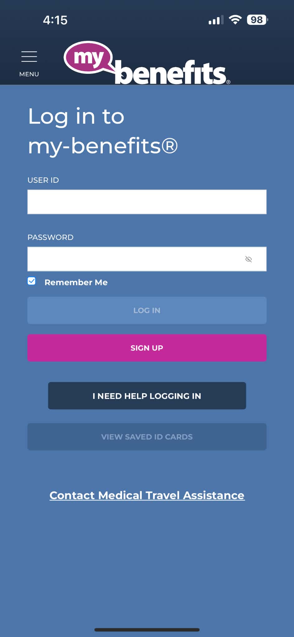 My Benefits mobile login screen