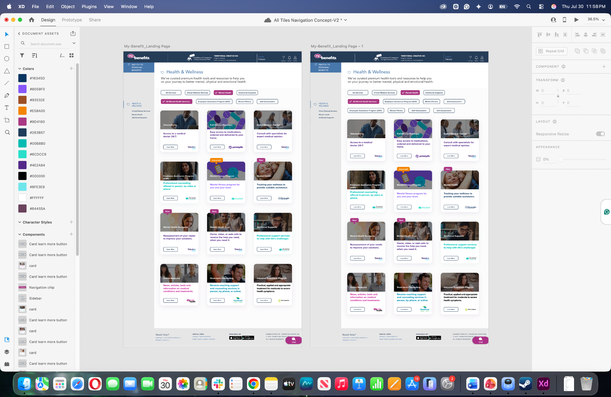 Adobe XD exploration of categorized service chips and Material Design tiles